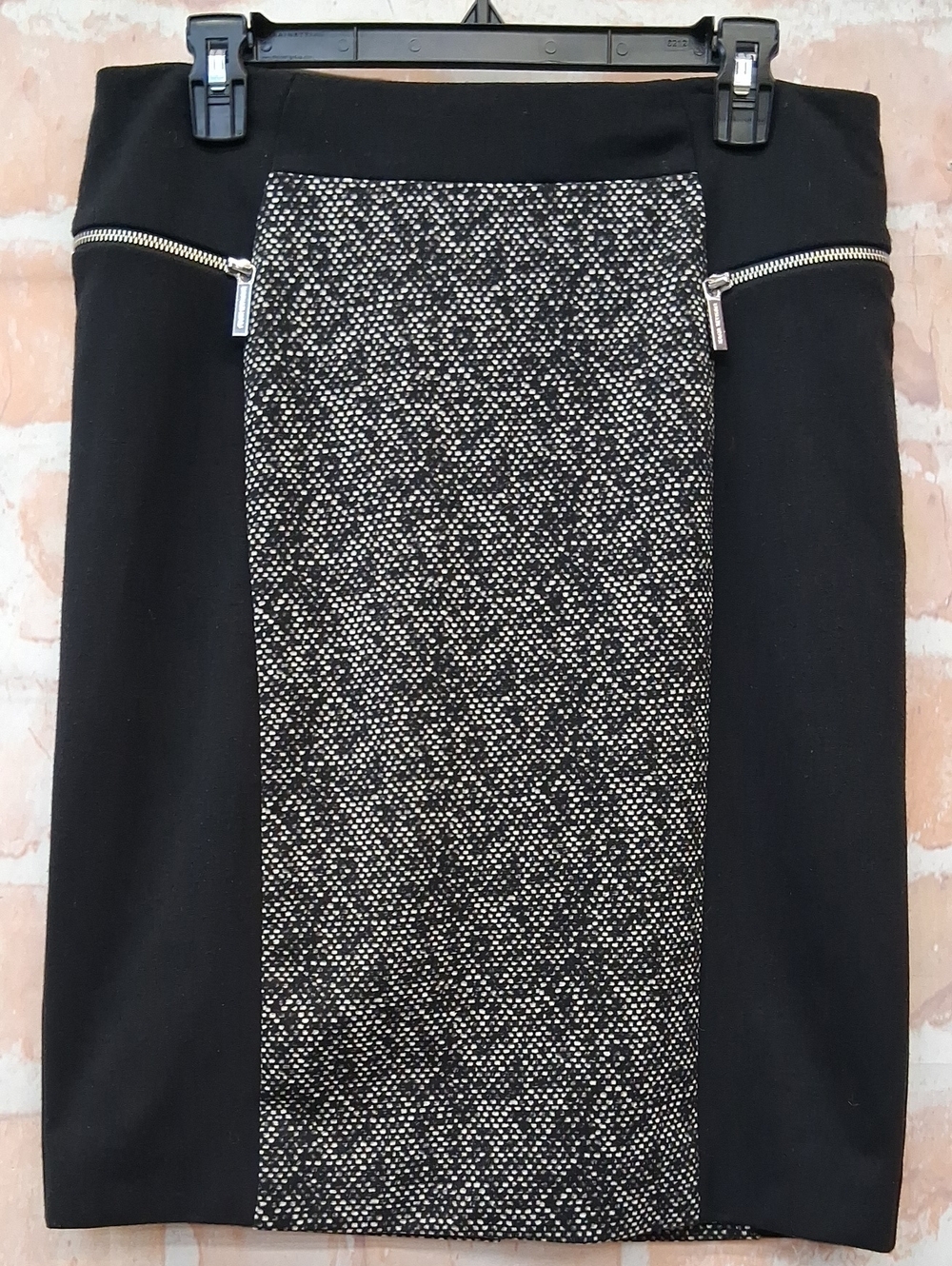 Michael Michael Kors Black Tweed Front Pencil Skirt with Zipper Accents